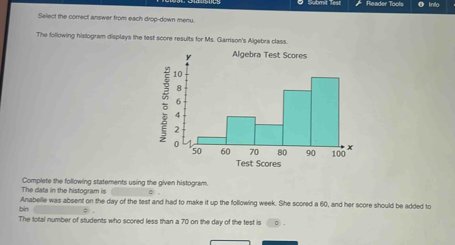 select the correct answer from each drop - down menu. the following histogram displays the test score results for ms. garrisons algebra class. algebra test scores complete the following statements using the given histogram. the data in the histogram is. anabelle was absent on the day of the test and had to make it up the following week. she scored a 60, and her score should be added to bin. the total number of students who scored less than a 70 on the day of the test is.