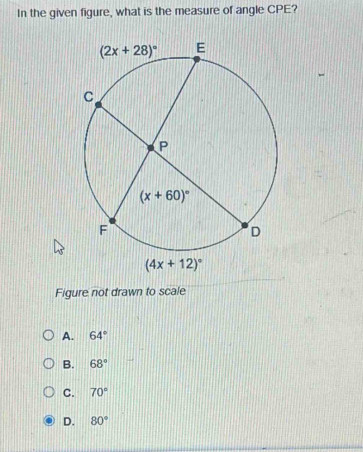 in the given figure, what is the measure of angle cpe? figure not drawn to scale a. 64° b. 68° c. 70° d. 80°