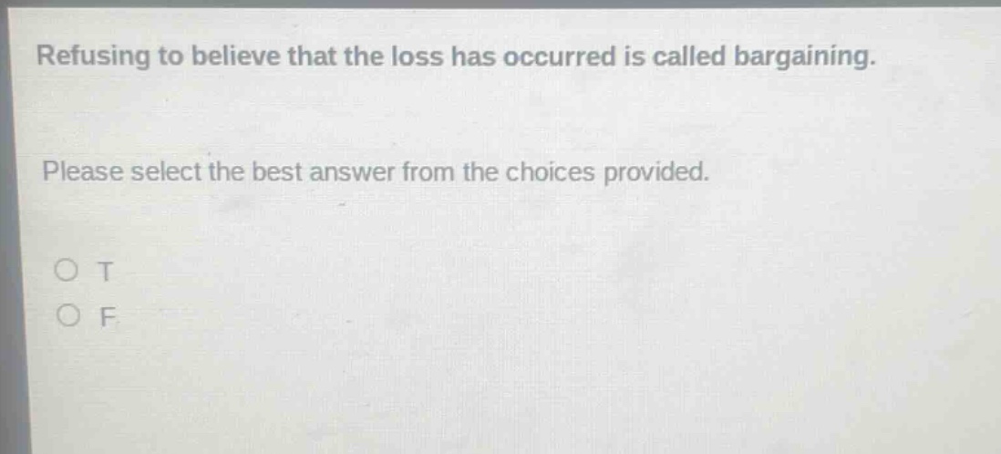 refusing to believe that the loss has occurred is called bargaining. please select the best answer from the choices provided. o t o f