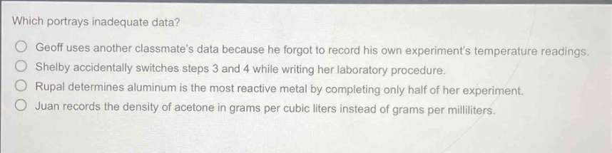 which portrays inadequate data?\ngeoff uses another classmates data because he forgot to record his own experiments temperature readings.\nshelby accidentally switches steps 3 and 4 while writing her laboratory procedure.\nrupal determines aluminum is the most reactive metal by completing only half of her experiment.\njuan records the density of acetone in grams per cubic liters instead of grams per milliliters.