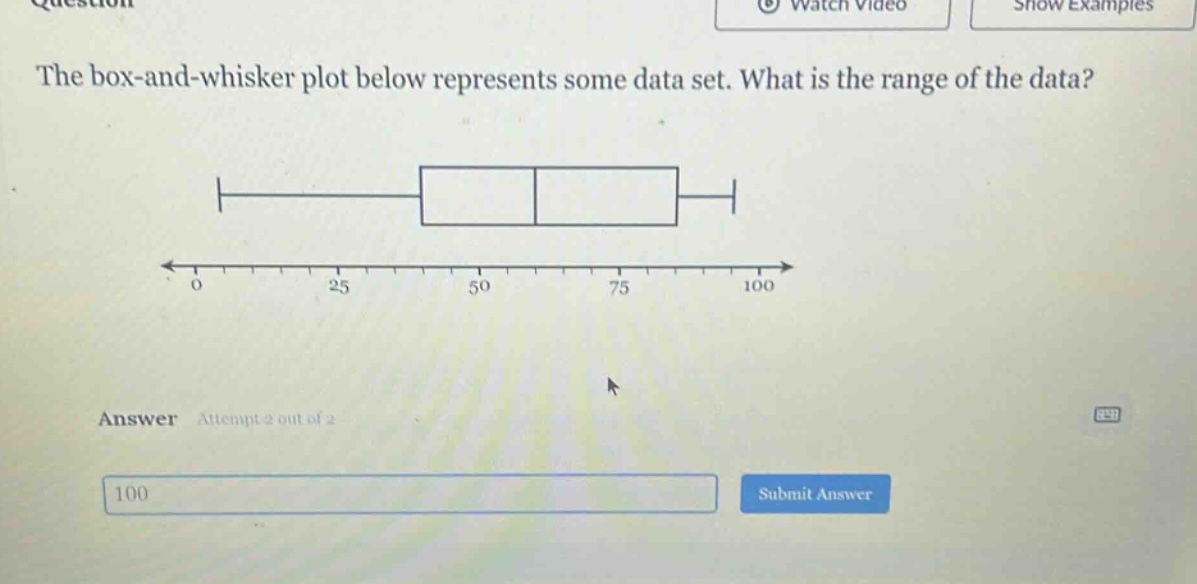 the box - and - whisker plot below represents some data set. what is the range of the data? answer attempt 2 out of 2