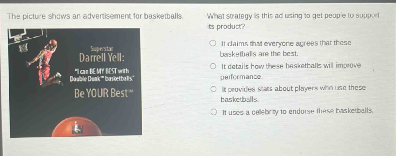 the picture shows an advertisement for basketballs. what strategy is this ad using to get people to support its product? it claims that everyone agrees that these basketballs are the best. it details how these basketballs will improve performance. it provides stats about players who use these basketballs. it uses a celebrity to endorse these basketballs.