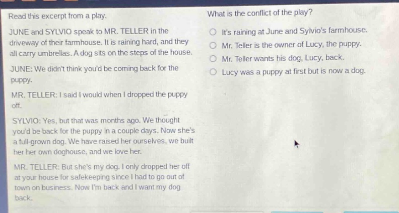 read this excerpt from a play. june and sylvio speak to mr. teller in the driveway of their farmhouse. it is raining hard, and they all carry umbrellas. a dog sits on the steps of the house. june: we didnt think youd be coming back for the puppy. mr. teller: i said i would when i dropped the puppy off. sylvio: yes, but that was months ago. we thought youd be back for the puppy in a couple days. now shes a full - grown dog. we have raised her ourselves, we built her her own doghouse, and we love her. mr. teller: but shes my dog. i only dropped her off at your house for safekeeping since i had to go out of town on business. now im back and i want my dog back. what is the conflict of the play? its raining at june and sylvios farmhouse. mr. teller is the owner of lucy, the puppy. mr. teller wants his dog, lucy, back. lucy was a puppy at first but is now a dog.