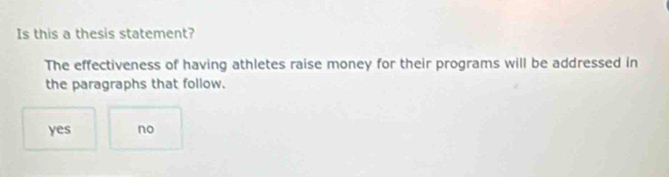 is this a thesis statement? the effectiveness of having athletes raise money for their programs will be addressed in the paragraphs that follow. yes no