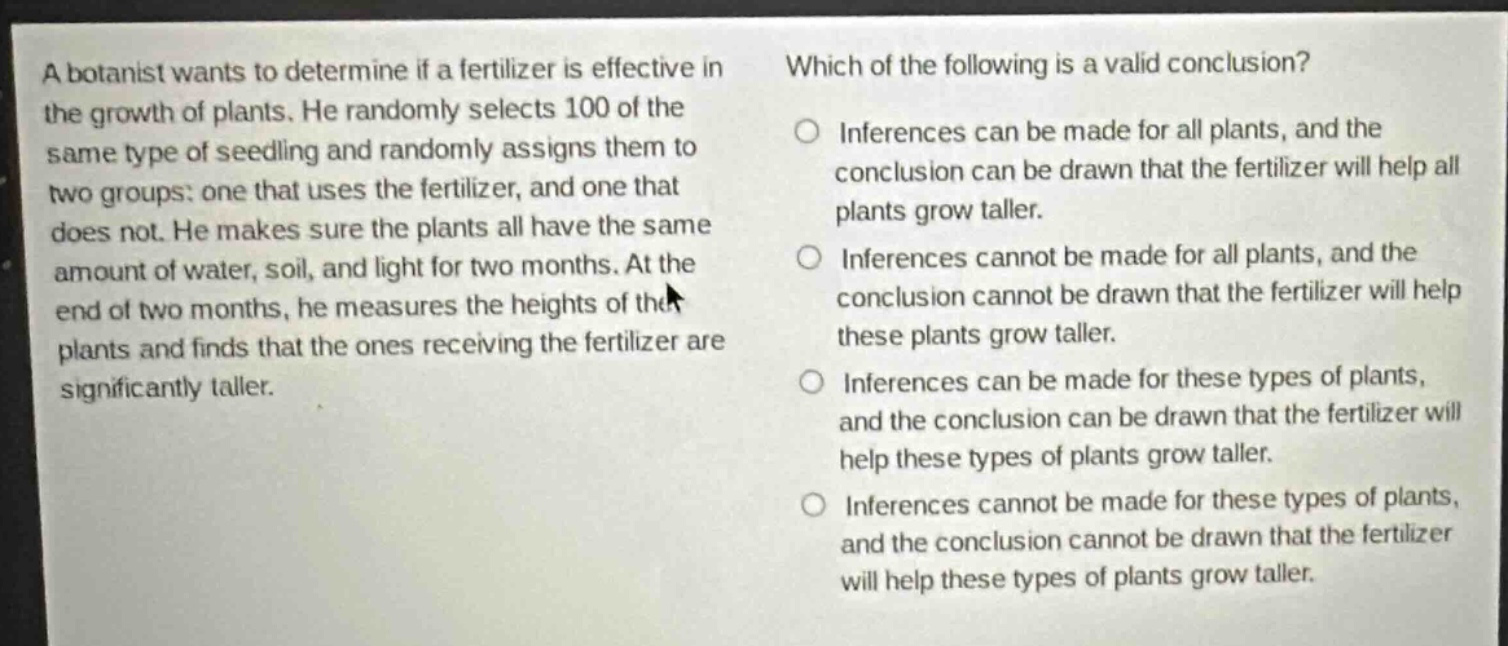 a botanist wants to determine if a fertilizer is effective in the growth of plants. he randomly selects 100 of the same type of seedling and randomly assigns them to two groups: one that uses the fertilizer, and one that does not. he makes sure the plants all have the same amount of water, soil, and light for two months. at the end of two months, he measures the heights of the plants and finds that the ones receiving the fertilizer are significantly taller. which of the following is a valid conclusion? inferences can be made for all plants, and the conclusion can be drawn that the fertilizer will help all plants grow taller. inferences cannot be made for all plants, and the conclusion cannot be drawn that the fertilizer will help these plants grow taller. inferences can be made for these types of plants, and the conclusion can be drawn that the fertilizer will help these types of plants grow taller. inferences cannot be made for these types of plants, and the conclusion cannot be drawn that the fertilizer will help these types of plants grow taller.