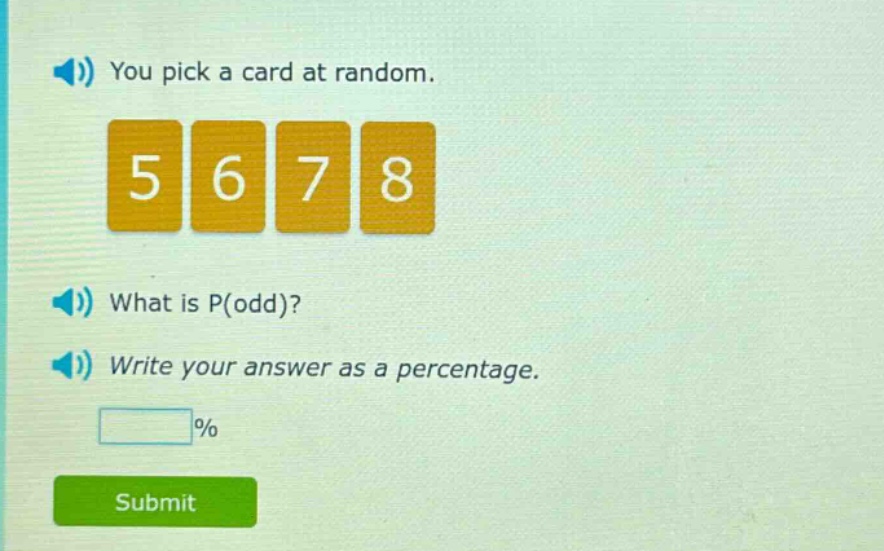 you pick a card at random. what is p(odd)? write your answer as a percentage.