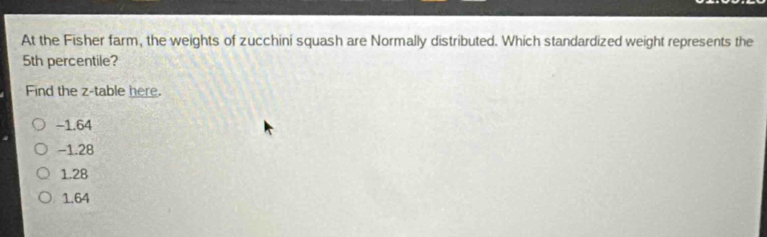 at the fisher farm, the weights of zucchini squash are normally distributed. which standardized weight represents the 5th percentile? find the z - table here. -1.64 -1.28 1.28 1.64