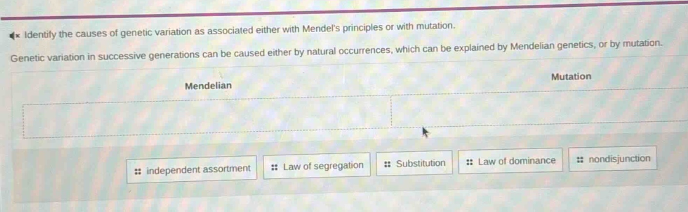 identify the causes of genetic variation as associated either with mendels principles or with mutation. genetic variation in successive generations can be caused either by natural occurrences, which can be explained by mendelian genetics, or by mutation. mendelian mutation independent assortment law of segregation substitution law of dominance nondisjunction