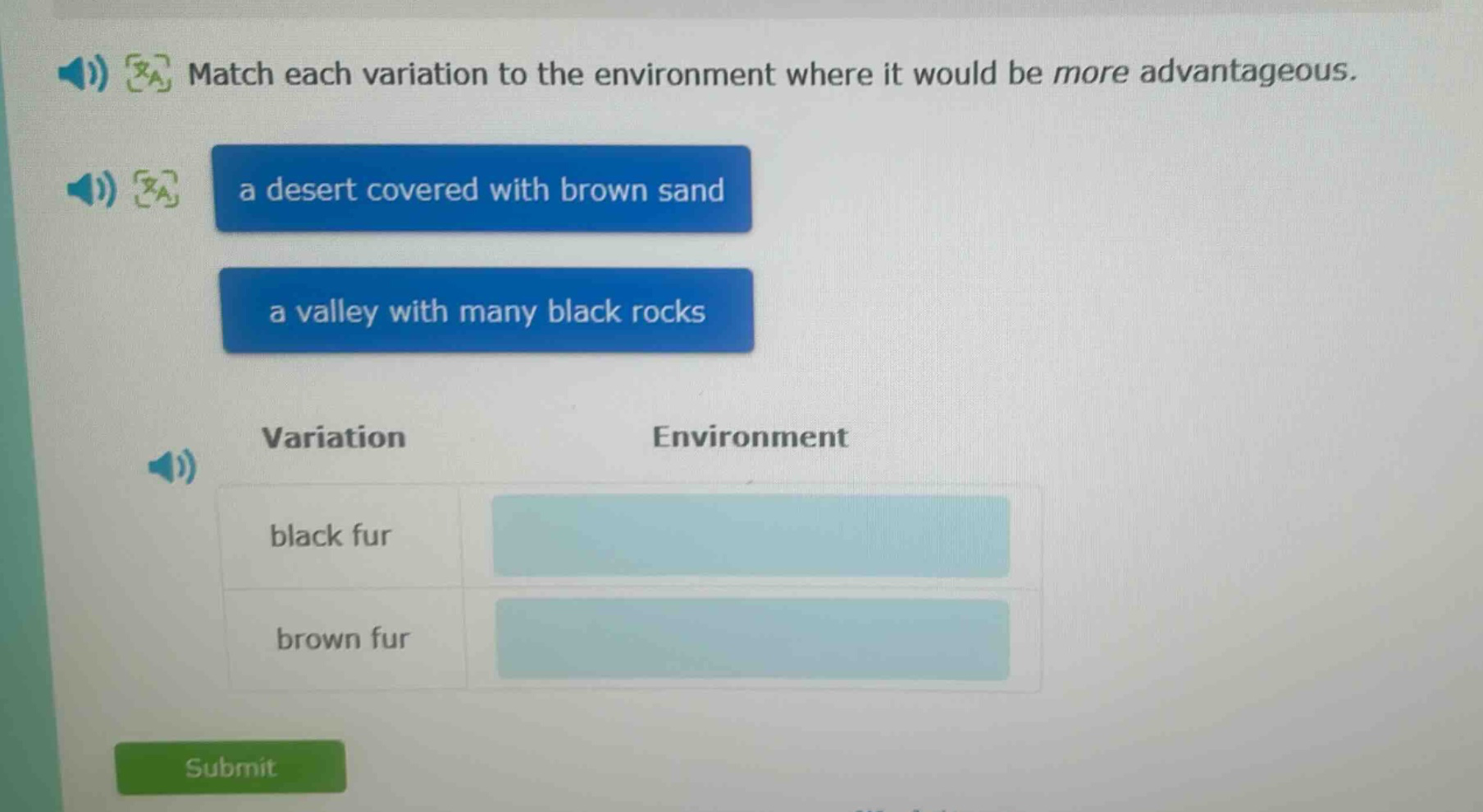 match each variation to the environment where it would be more advantageous. a desert covered with brown sand a valley with many black rocks variation environment black fur brown fur