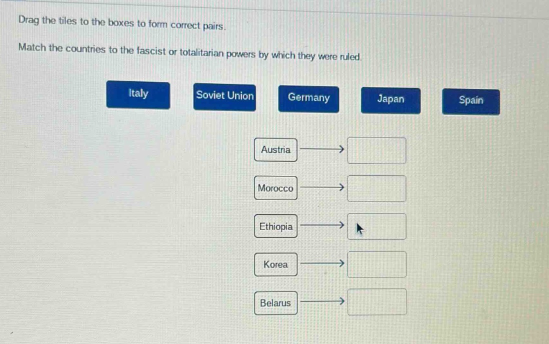 drag the tiles to the boxes to form correct pairs. match the countries to the fascist or totalitarian powers by which they were ruled. italy soviet union germany japan spain austria morocco ethiopia korea belarus
