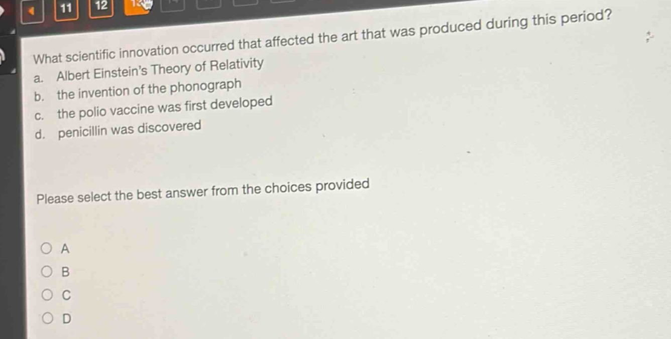 what scientific innovation occurred that affected the art that was produced during this period? a. albert einstein’s theory of relativity b. the invention of the phonograph c. the polio vaccine was first developed d. penicillin was discovered please select the best answer from the choices provided