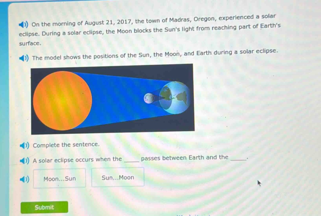 on the morning of august 21, 2017, the town of madras, oregon, experienced a solar eclipse. during a solar eclipse, the moon blocks the suns light from reaching part of earths surface. the model shows the positions of the sun, the moon, and earth during a solar eclipse. complete the sentence. a solar eclipse occurs when the ____ passes between earth and the ____. moon...sun sun...moon