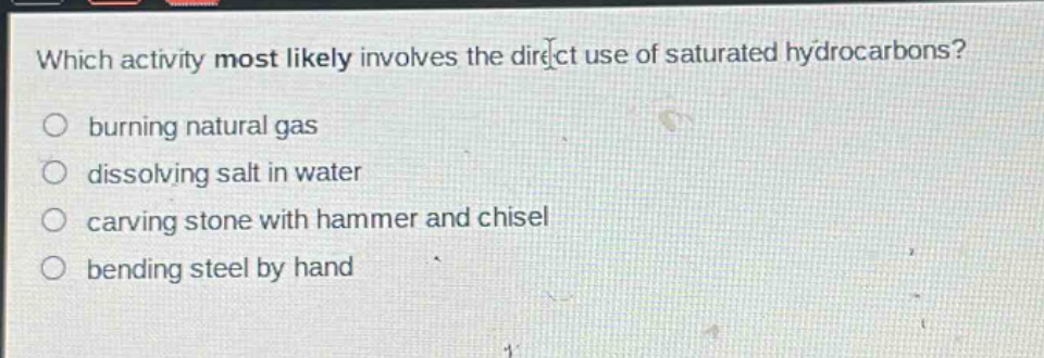 which activity most likely involves the direct use of saturated hydrocarbons?\nburning natural gas\ndissolving salt in water\ncarving stone with hammer and chisel\nbending steel by hand
