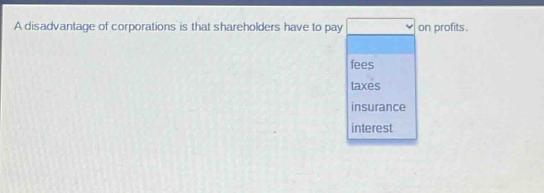 a disadvantage of corporations is that shareholders have to pay on profits. fees taxes insurance interest
