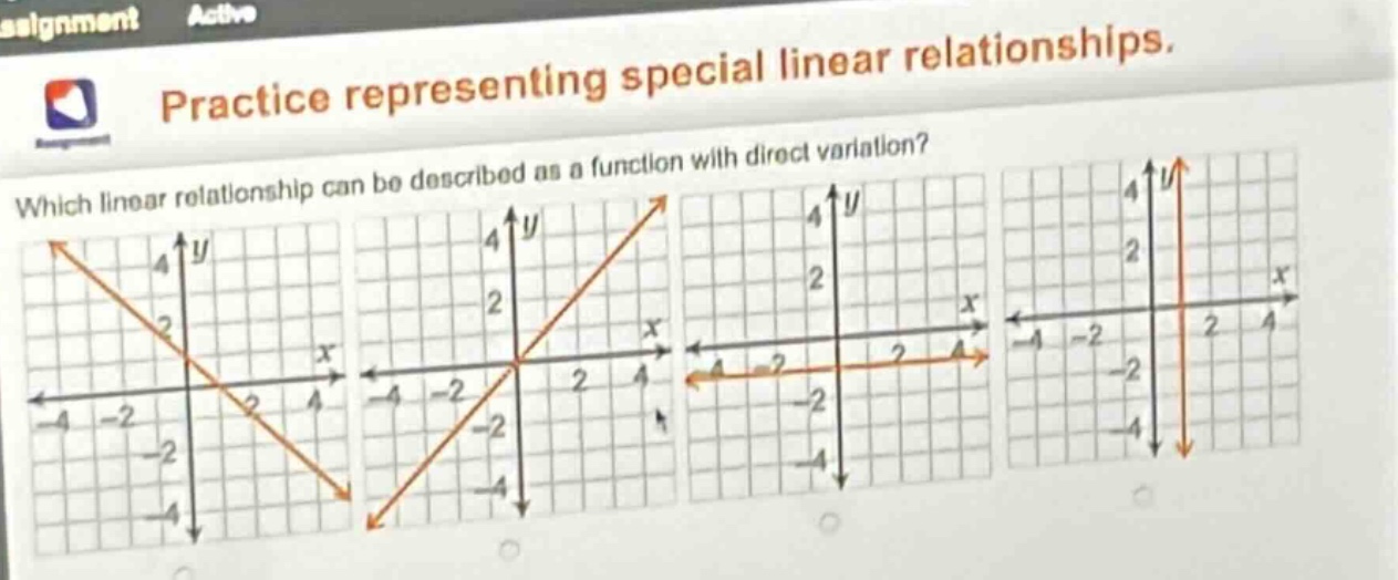 practice representing special linear relationships. which linear relationship can be described as a function with direct variation?