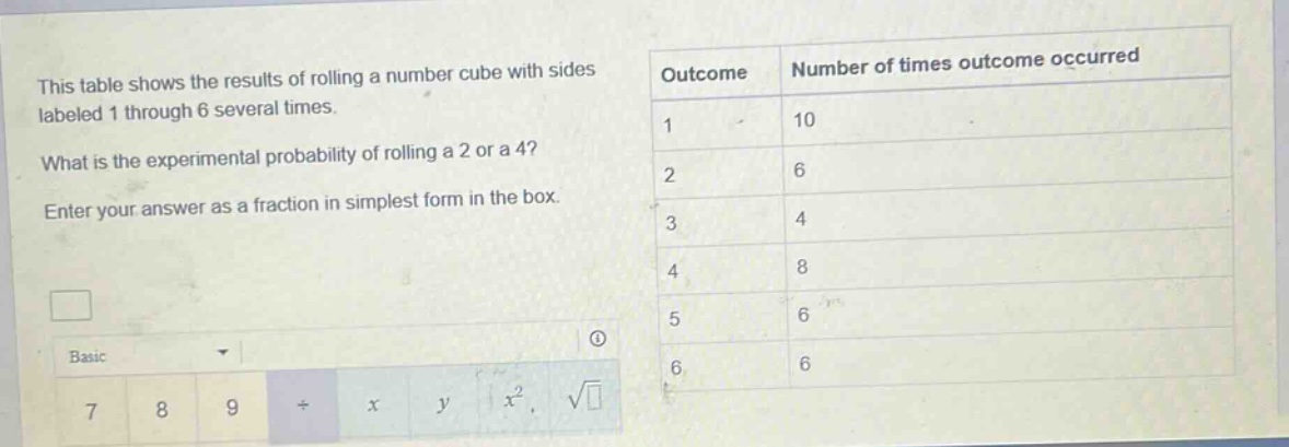 this table shows the results of rolling a number cube with sides labeled 1 through 6 several times. what is the experimental probability of rolling a 2 or a 4? enter your answer as a fraction in simplest form in the box. outcome number of times outcome occurred 1 10 2 6 3 4 4 8 5 6 6 6