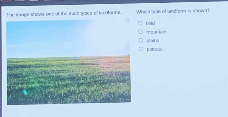 the image shows one of the main types of landforms. which type of landform is shown? field mountain plains plateau