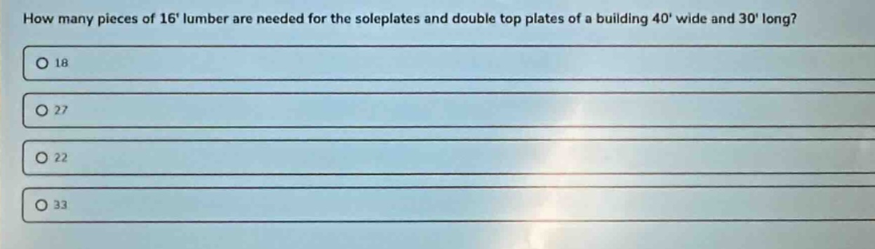 how many pieces of 16 lumber are needed for the soleplates and double top plates of a building 40 wide and 30 long?\no 18\no 27\no 22\no 33