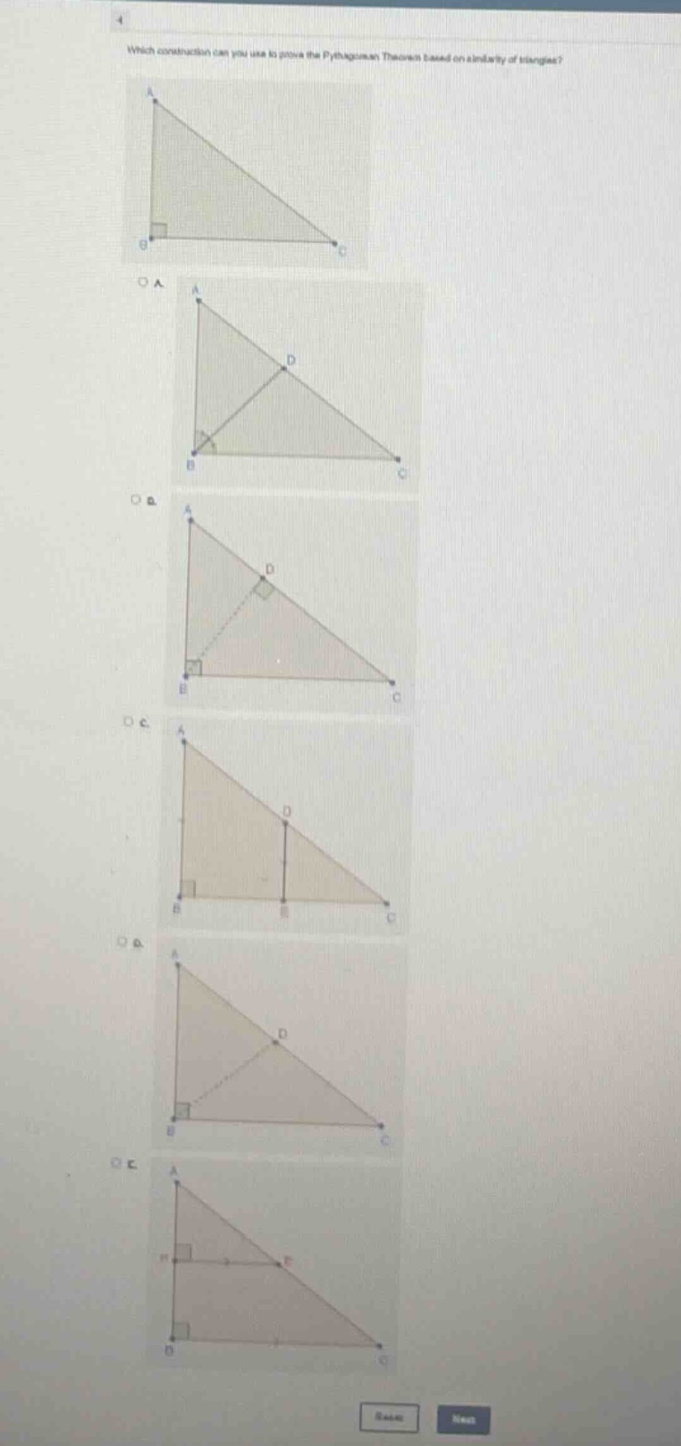 which construction can you use to prove the pythagorean theorem based on similarity of triangles?