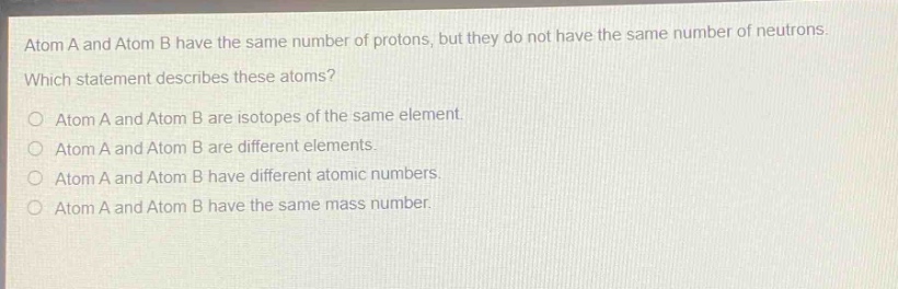 atom a and atom b have the same number of protons, but they do not have the same number of neutrons. which statement describes these atoms? atom a and atom b are isotopes of the same element. atom a and atom b are different elements. atom a and atom b have different atomic numbers. atom a and atom b have the same mass number.