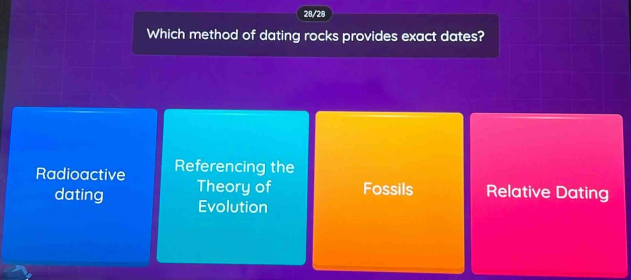 which method of dating rocks provides exact dates? radioactive dating referencing the theory of evolution fossils relative dating