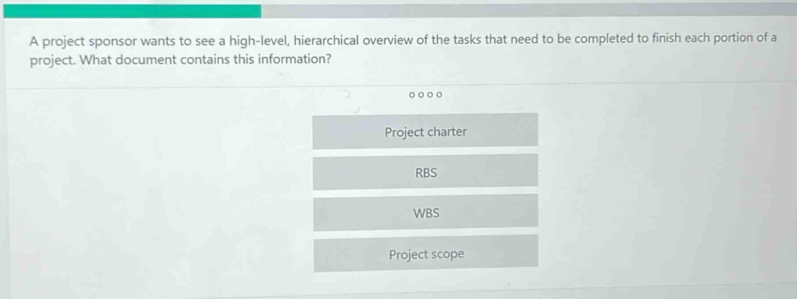 a project sponsor wants to see a high - level, hierarchical overview of the tasks that need to be completed to finish each portion of a project. what document contains this information? project charter rbs wbs project scope