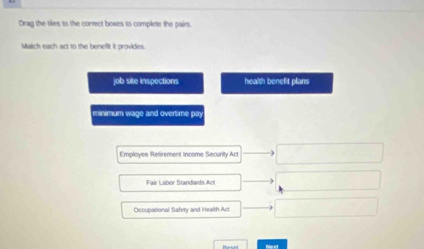 drag the tiles to the correct boxes to complete the pairs. match each act to the benefit it provides. job site inspections health benefit plans minimum wage and overtime pay employee retirement income security act fair labor standards act occupational safety and health act