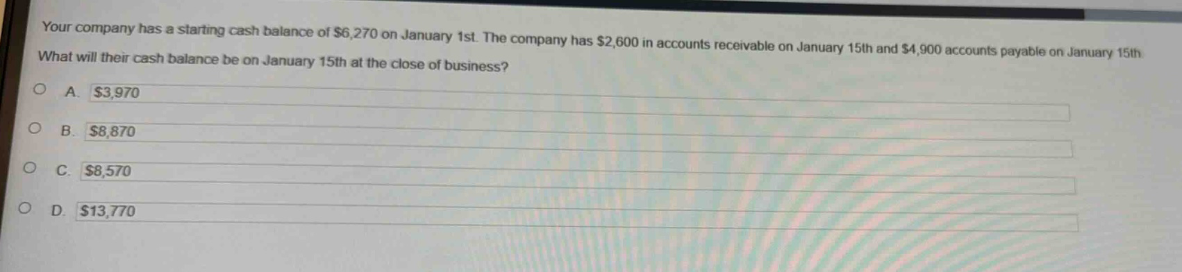 your company has a starting cash balance of $6,270 on january 1st. the company has $2,600 in accounts receivable on january 15th and $4,900 accounts payable on january 15th. what will their cash balance be on january 15th at the close of business?\na. $3,970\nb. $8,870\nc. $8,570\nd. $13,770