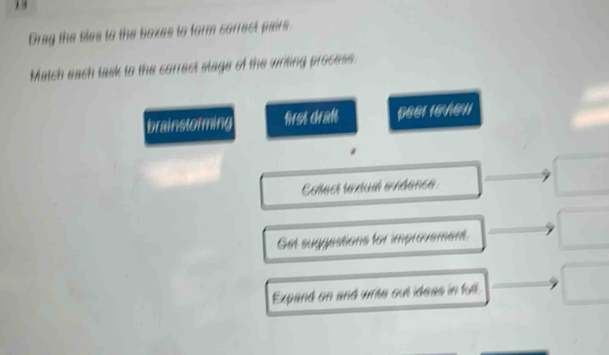 drag the tiles to the boxes to form correct pairs. match each task to the correct stage of the writing process. brainstorming first draft peer review collect textual evidence. get suggestions for improvement. expand on and write out ideas in full.