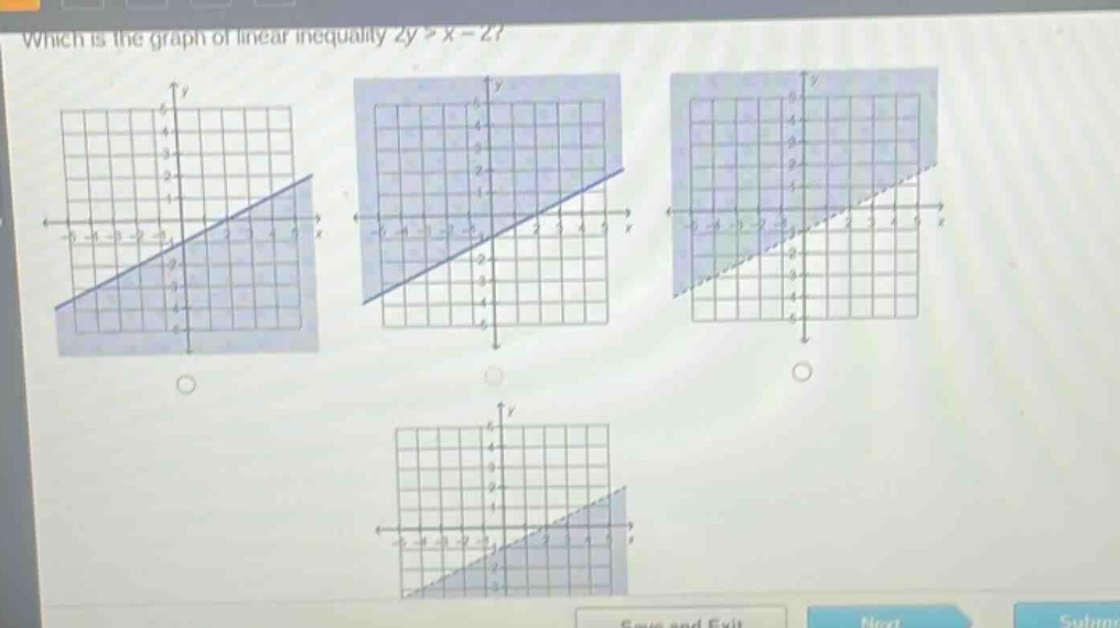 which is the graph of linear inequality 2y > x - 2?