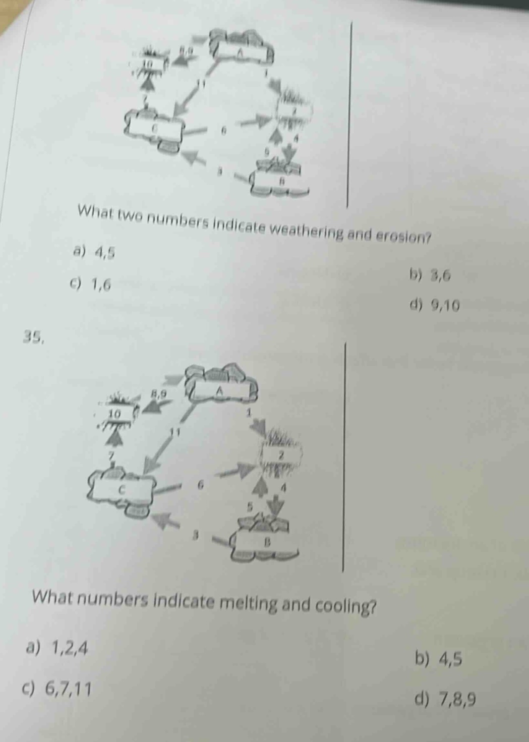 what two numbers indicate weathering and erosion? a) 4,5 b) 3,6 c) 1,6 d) 9,10 35. what numbers indicate melting and cooling? a) 1,2,4 b) 4,5 c) 6,7,11 d) 7,8,9