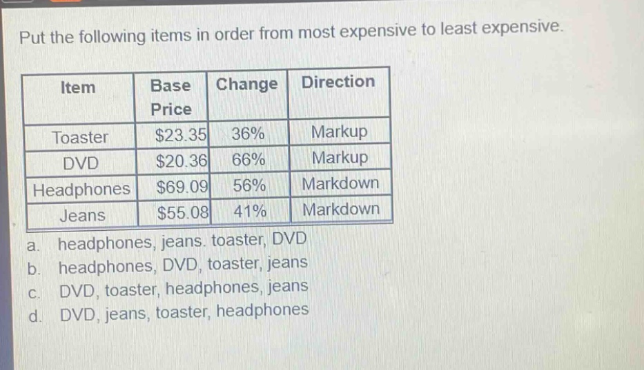 put the following items in order from most expensive to least expensive.\n| item | base price | change | direction |\n|--|--|--|--|\n| toaster | $23.35 | 36% | markup |\n| dvd | $20.36 | 66% | markup |\n| headphones | $69.09 | 56% | markdown |\n| jeans | $55.08 | 41% | markdown |\na. headphones, jeans, toaster, dvd\nb. headphones, dvd, toaster, jeans\nc. dvd, toaster, headphones, jeans\nd. dvd, jeans, toaster, headphones