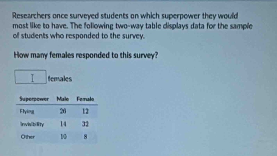 researchers once surveyed students on which superpower they would most like to have. the following two - way table displays data for the sample of students who responded to the survey. how many females responded to this survey? females superpower male female flying 26 12 invisibility 14 32 other 10 8