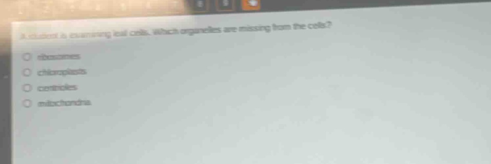 a student is examining leaf cells. which organelles are missing from the cells?\nribosomes\nchloroplasts\ncentrioles\nmitochondria