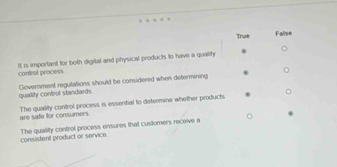 it is important for both digital and physical products to have a quality control process. government regulations should be considered when determining quality control standards. the quality control process is essential to determine whether products are safe for consumers. the quality control process ensures that customers receive a consistent product or service. true false