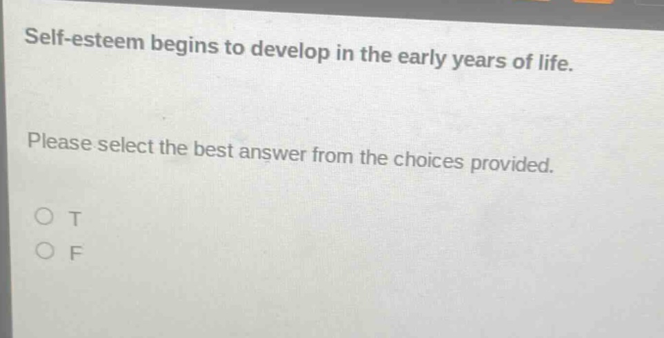 self - esteem begins to develop in the early years of life. please select the best answer from the choices provided. o t o f