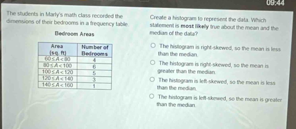 the students in marlys math class recorded the dimensions of their bedrooms in a frequency table. bedroom areas area (sq. ft) number of bedrooms 60≤a<80 4 80≤a<100 6 100≤a<120 5 120≤a<140 3 140≤a<160 1 create a histogram to represent the data. which statement is most likely true about the mean and the median of the data? the histogram is right - skewed, so the mean is less than the median. the histogram is right - skewed, so the mean is greater than the median. the histogram is left - skewed, so the mean is less than the median. the histogram is left - skewed, so the mean is greater than the median.