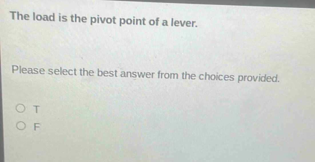 the load is the pivot point of a lever. please select the best answer from the choices provided. o t o f