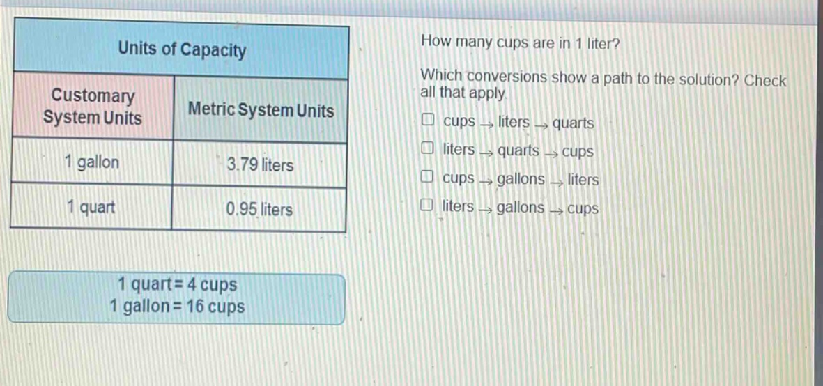 units of capacity\ncustomary system units\tmetric system units\n1 gallon\t3.79 liters\n1 quart\t0.95 liters\n1 quart = 4 cups\n1 gallon = 16 cups\nhow many cups are in 1 liter?\nwhich conversions show a path to the solution? check all that apply.\n□ cups → liters → quarts\n□ liters → quarts → cups\n□ cups → gallons → liters\n□ liters → gallons → cups