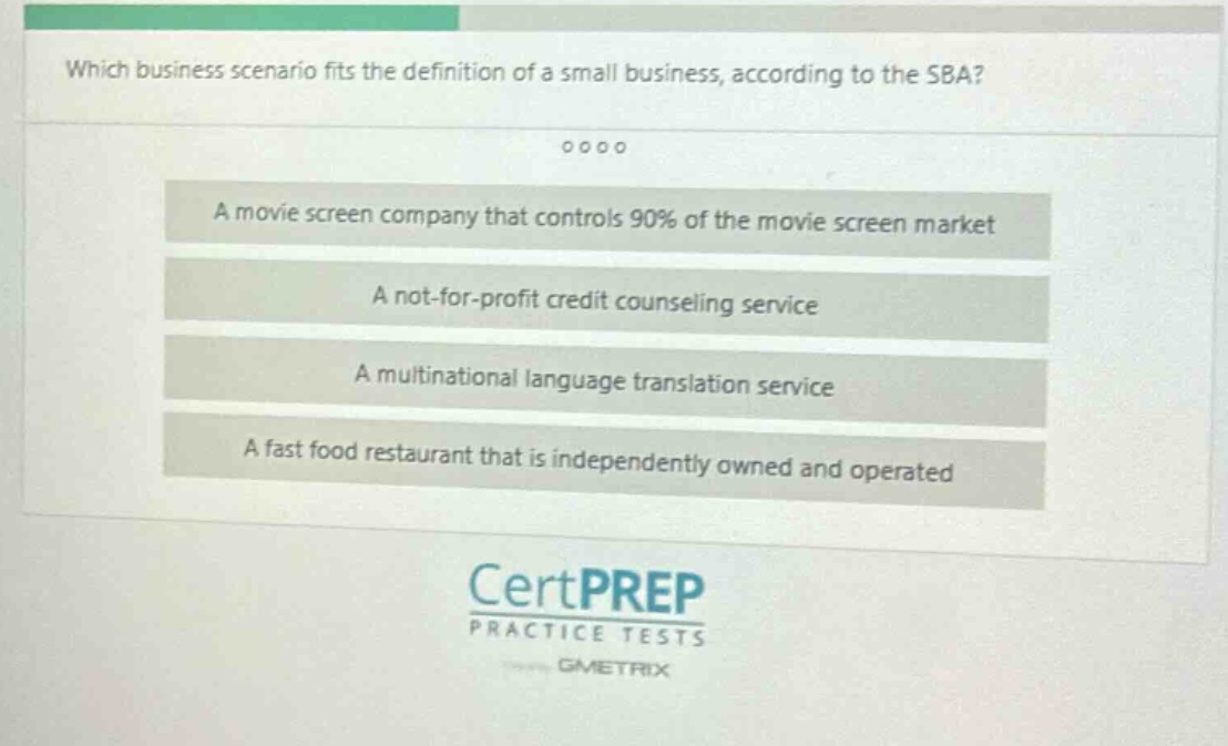 which business scenario fits the definition of a small business, according to the sba? a movie screen company that controls 90% of the movie screen market a not - for - profit credit counseling service a multinational language translation service a fast food restaurant that is independently owned and operated