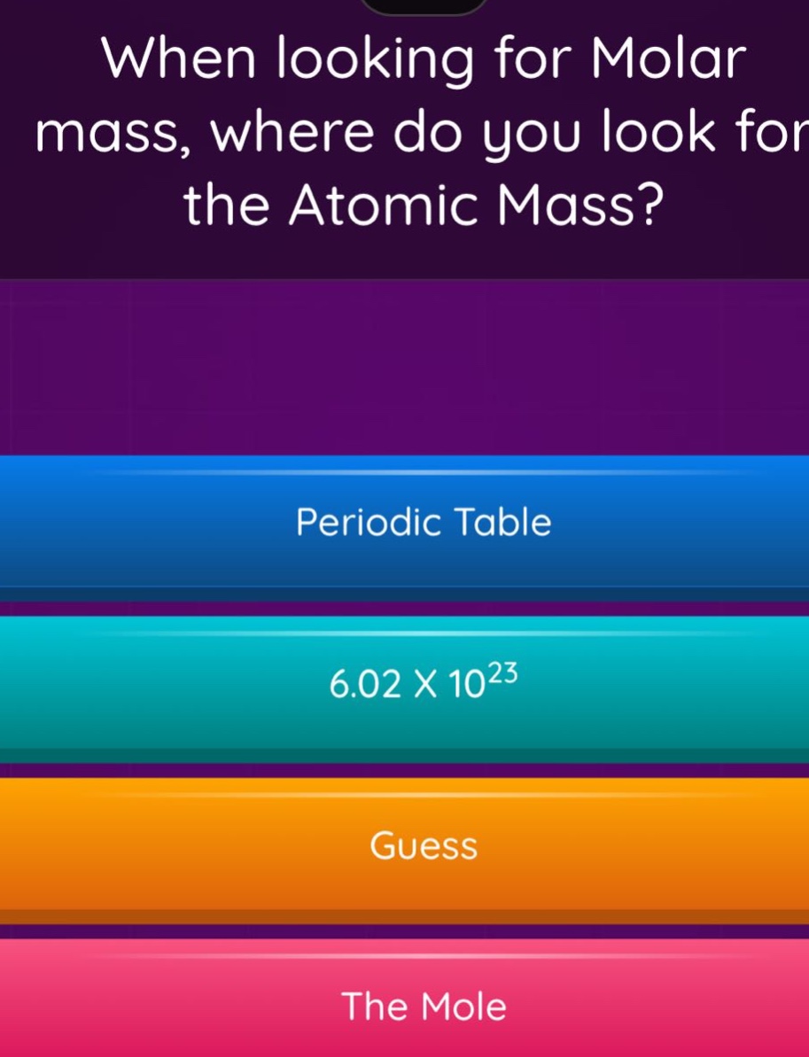 when looking for molar mass, where do you look for the atomic mass? periodic table 6.02 x 10^23 guess the mole