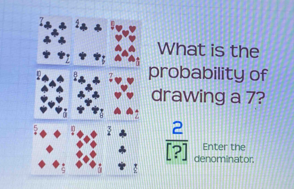 what is the probability of drawing a 7? 2 ? enter the denominator.