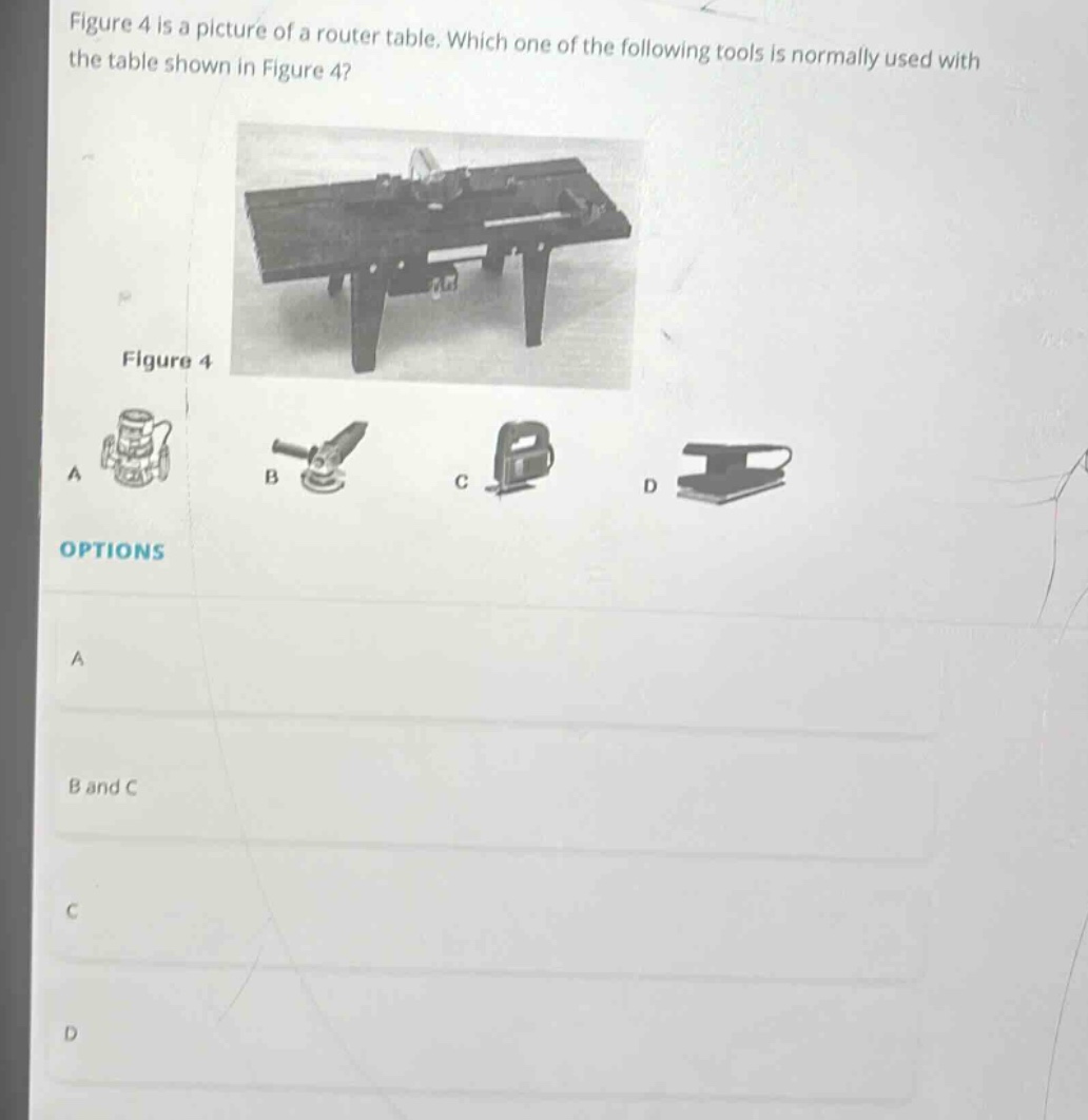 figure 4 is a picture of a router table. which one of the following tools is normally used with the table shown in figure 4? options a b and c c d