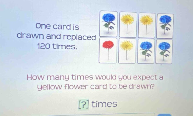 one card is drawn and replaced 120 times. how many times would you expect a yellow flower card to be drawn? ? times
