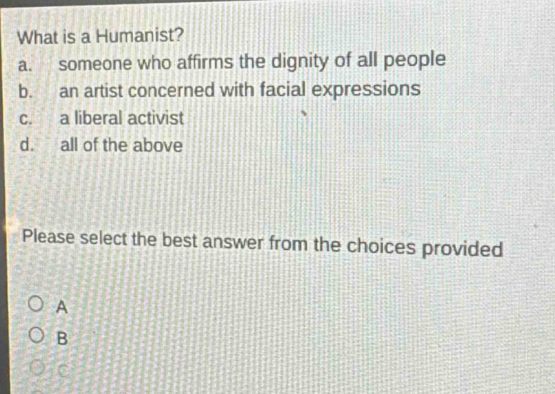 what is a humanist? a. someone who affirms the dignity of all people b. an artist concerned with facial expressions c. a liberal activist d. all of the above please select the best answer from the choices provided