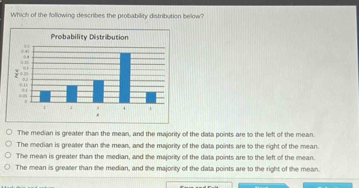 which of the following describes the probability distribution below? probability distribution the median is greater than the mean, and the majority of the data points are to the left of the mean. the median is greater than the mean, and the majority of the data points are to the right of the mean. the mean is greater than the median, and the majority of the data points are to the left of the mean. the mean is greater than the median, and the majority of the data points are to the right of the mean.