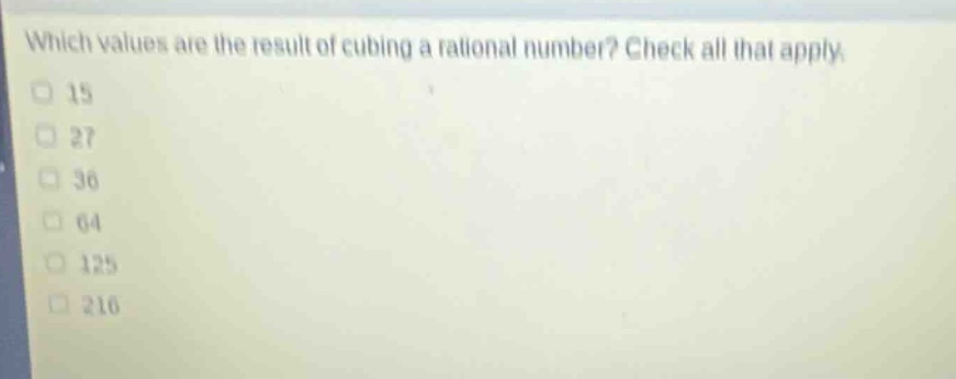 which values are the result of cubing a rational number? check all that apply. 15 27 36 64 125 216
