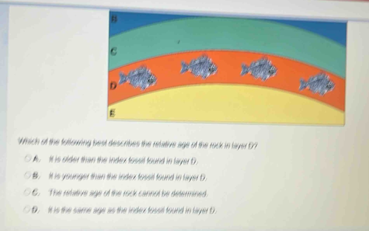 which of the following best describes the relative age of the rock in layer c? a. it is older than the index fossil found in layer d. b. it is younger than the index fossil found in layer d. c. the relative age of the rock cannot be determined. d. it is the same age as the index fossil found in layer d.