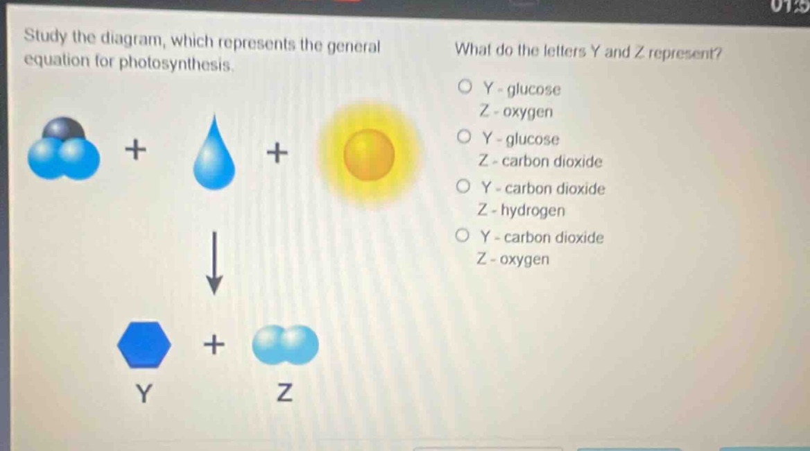 study the diagram, which represents the general equation for photosynthesis. what do the letters y and z represent? y - glucose z - oxygen y - glucose z - carbon dioxide y - carbon dioxide z - hydrogen y - carbon dioxide z - oxygen