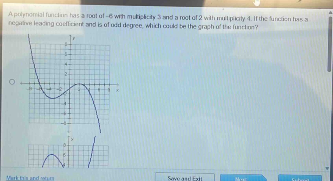 a polynomial function has a root of -6 with multiplicity 3 and a root of 2 with multiplicity 4. if the function has a negative leading coefficient and is of odd degree, which could be the graph of the function?